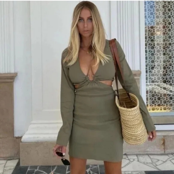 Zara Olive Green Linen Cut Out Mini Dress Size XS - Picture 3 of 12